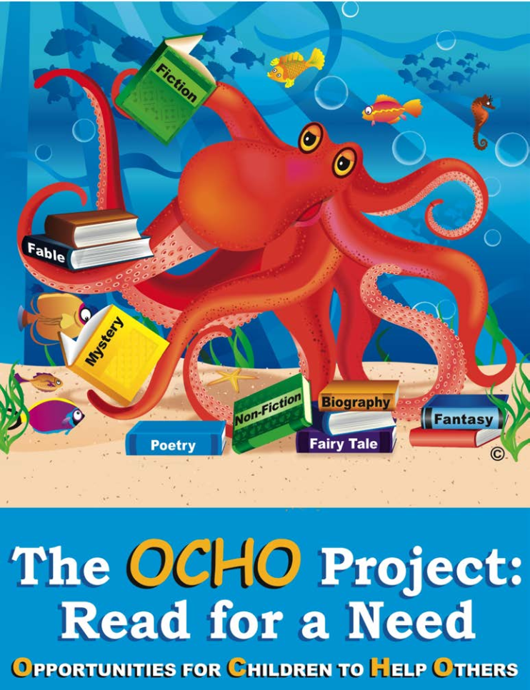 Octopus holding books for children's charity.