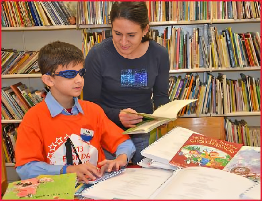 A woman and boy in library with books