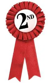 A red ribbon with the number two on it.